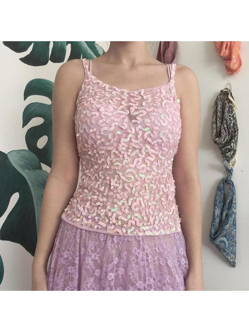 Y2K Pink Sequin Mesh Fairy Top